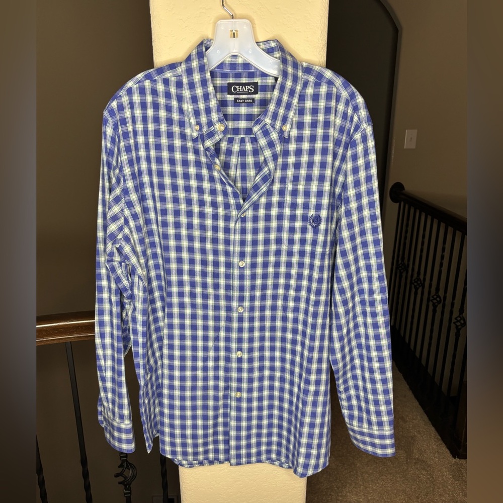 Chaps Easy Care Blue Checkered Button Down Shirt Size L Classic Professional